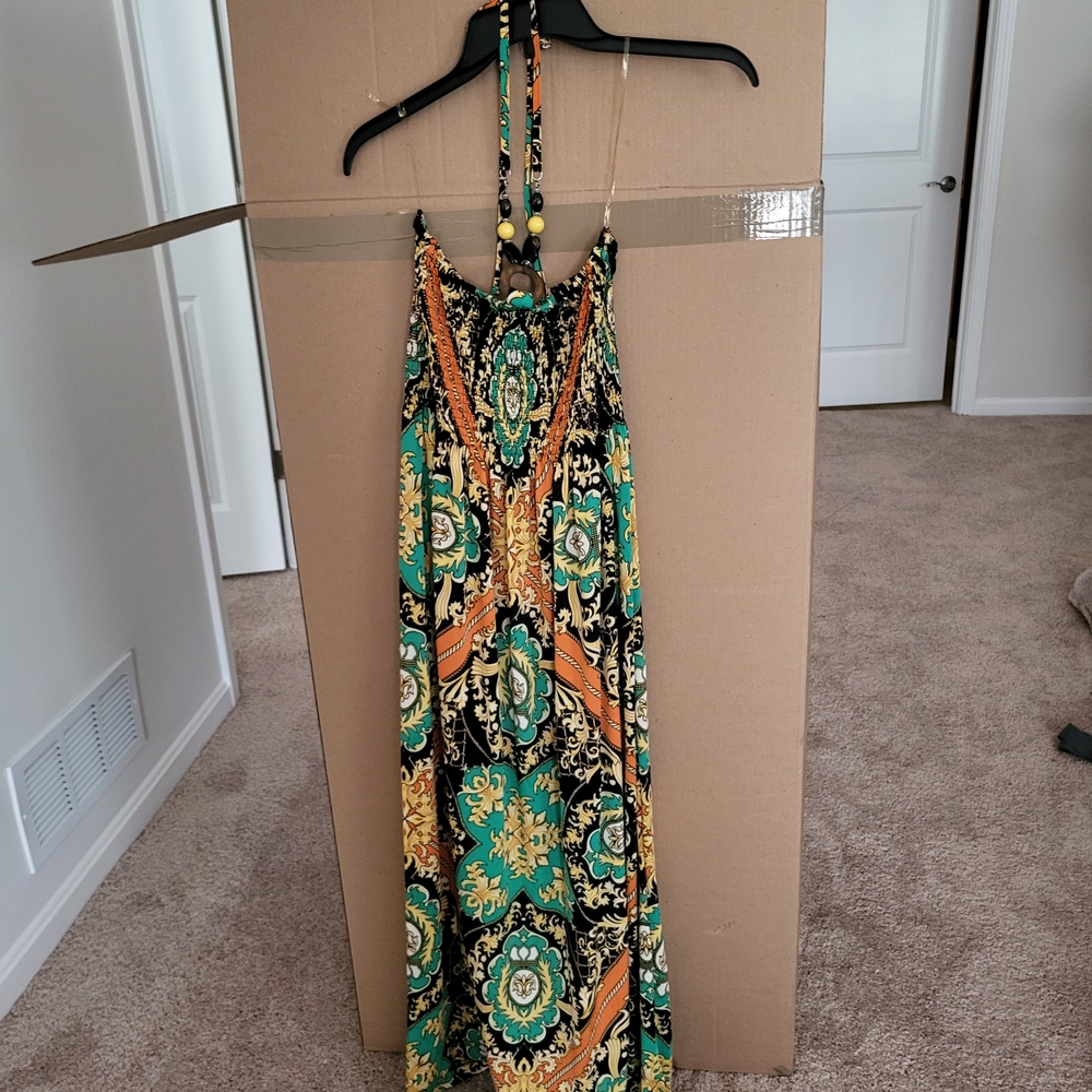Elegant Floral Maxi Dress in Green and Orange